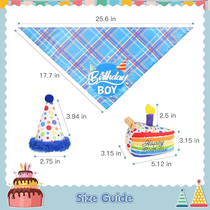 Dog Birthday Bandana Hat with Cake Plush Squeak Toy - Birthday Boy Triangle Scarf and Adjustable Polka Dot Hat, Cute Birthday Party Supplies for Small and Medium Dogs and Cats