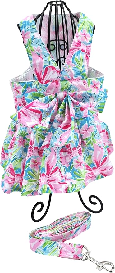 Dog Dress Bow Tie Harness Leash Set Harness Dress for Small Dogs Cute Dog Pet Girl Puppy Summer Clothes for Female Bunny Clothes Yorkie Chihuahua Training Walking (Large, LilyPawlitzer)