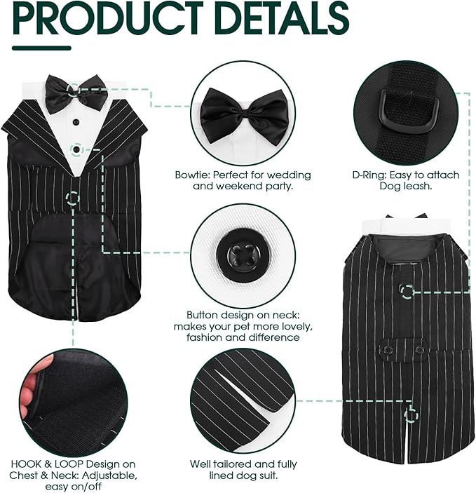 Kuoser Dog Tuxedo Dog Suit and Bandana Set, Dogs Tuxedo Wedding Party Suit, Doggy Prince Bow Tie Shirt Formal Pet Wedding Attire for Large Medium and Small Dogs Golden Retriever Samo Bulldogs