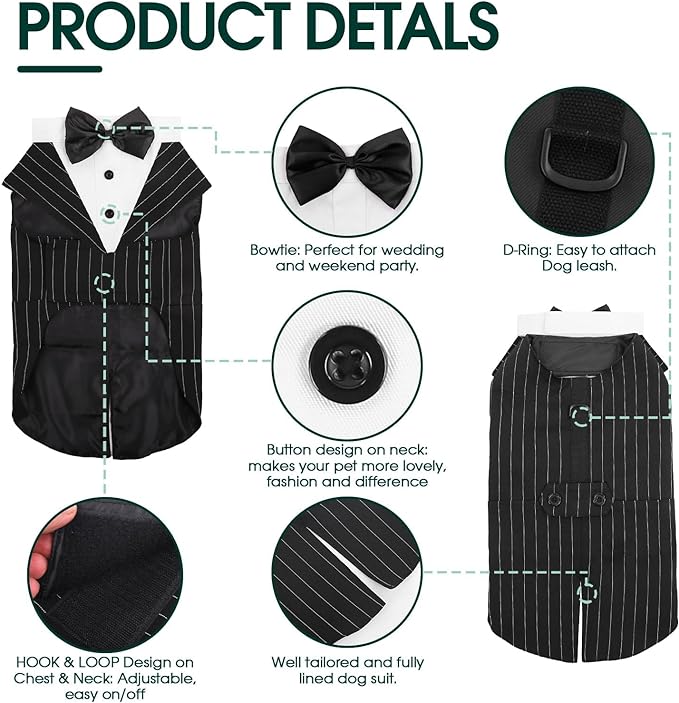 Kuoser Dog Tuxedo Dog Suit and Bandana Set, Dogs Tuxedo Wedding Party Suit, Doggy Prince Bow Tie Shirt Formal Pet Wedding Attire for Large Medium and Small Dogs Golden Retriever Samo Bulldogs