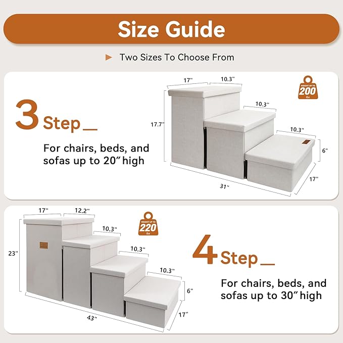 Dog Stairs with Storage 18" H, 3-Step Wider Dog Steps for Small/Medium/Large Old Dogs Cats, Folding Sturdy Pet Stairs Climbing Bed or Couch, Ramp for Car Up to 200 lbs (Beige Gray, No Condo)