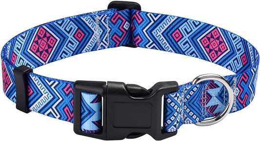 Dog Collar with Bohemia Floral Tribal Geometric Patterns - Soft Ethnic Style Collar Adjustable for Small Medium Large Dogs(Blue Ethnic Style,M)
