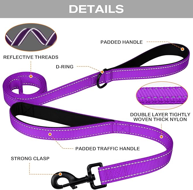 Joytale Dog Leash Heavy Duty for Large Dogs That Pull, Double Handle for Traffic Control, Double-Sided Reflective Leashes for Large Medium Dogs Night Safety, 6FT, Purple