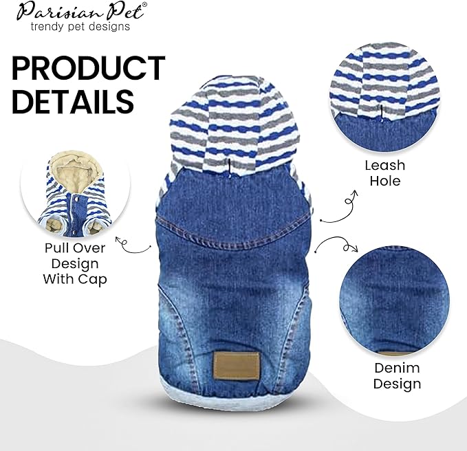 Parisian Pet Basic Dog Hoodie - Lightweight Denim Striped Sweatshirt - Pullover With Leash Hole and Pockets - Blue Cotton Clothes for Large Dogs - 3XL
