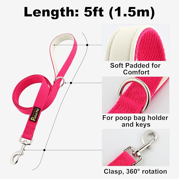 Plutus Pet Cotton Dog Harness and Leash Set, Reflective and Soft Padded, Quick Fit Vest Harness, for Small, Medium and Large Dogs, Hot Pink, M