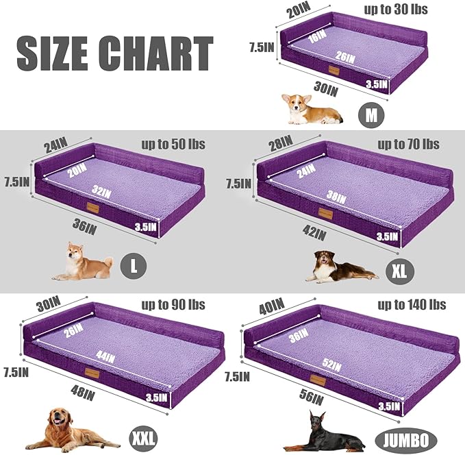 Patas Lague Orthopedic Dog Bed for Large Dogs, Waterproof L Shaped Large Pet Sofa Beds with Removable Washable Cover, Soft Comfortable Pet Couch Mat with Nonskid Bottom, 36''X24'' Purple