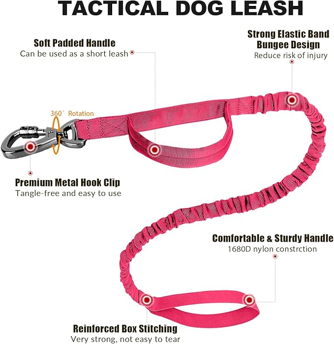 Tactical Dog Collar and Bungee Leash,Military Dog Collar & Leash Set with USA American Flag Adjustable K9 Collar with Heavy Duty Metal Buckle & Handle,with Patches and Airtags Case (Pink, XL)