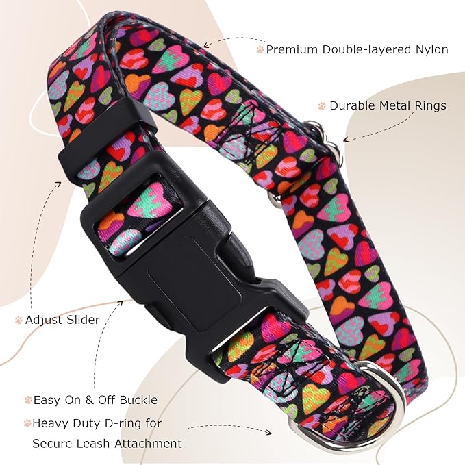 Dog Collar for Large Dogs with Love Hearts, Pink Girl Boy Dog Collar Adjustable Comfy Wedding Dog Collar with Safety Buckle for Small Medium Large Dog on Valentine's Day, Birthday (XL)