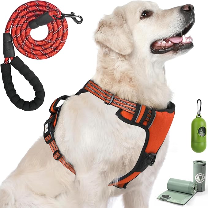 Dog Harness, No-Pull Pet Breathable Harness, Adjustable Soft Padded Dog Vest with 2 Leash Clips, Reflective No-Choke Pet, Easy Control Handle for Large Dogs, Orange, XL