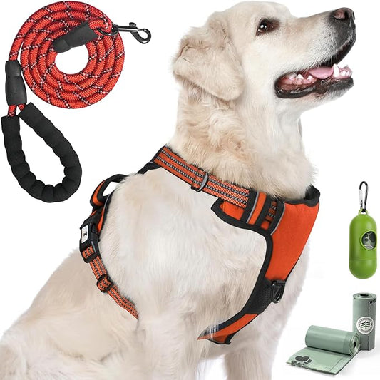 Dog Harness, No-Pull Pet Breathable Harness, Adjustable Soft Padded Dog Vest with 2 Leash Clips, Reflective No-Choke Pet, Easy Control Handle for Large Dogs, Orange, L