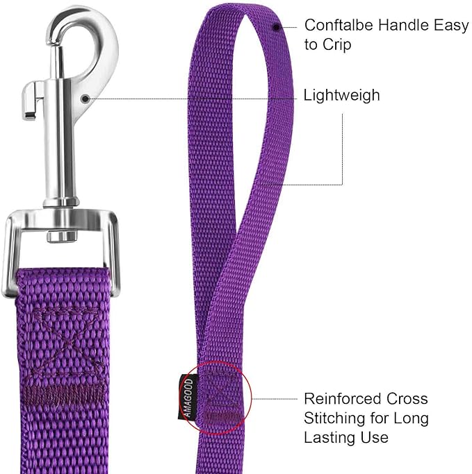 AMAGOOD 6 FT Puppy/Dog Leash, Strong and Durable Traditional Style Leash with Easy to Use Collar Hook, Great for Small, Medium and Large Dogs (3/4 in x 6 ft, Purple)