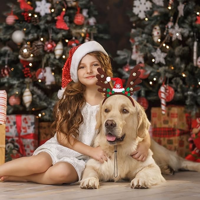 Pedgot 3 Pack Christmas Pet Headwear Xmas Hair Loop Brown Reindeer Antlers Headband Christmas Pet Costume Hair Accessory for Dogs