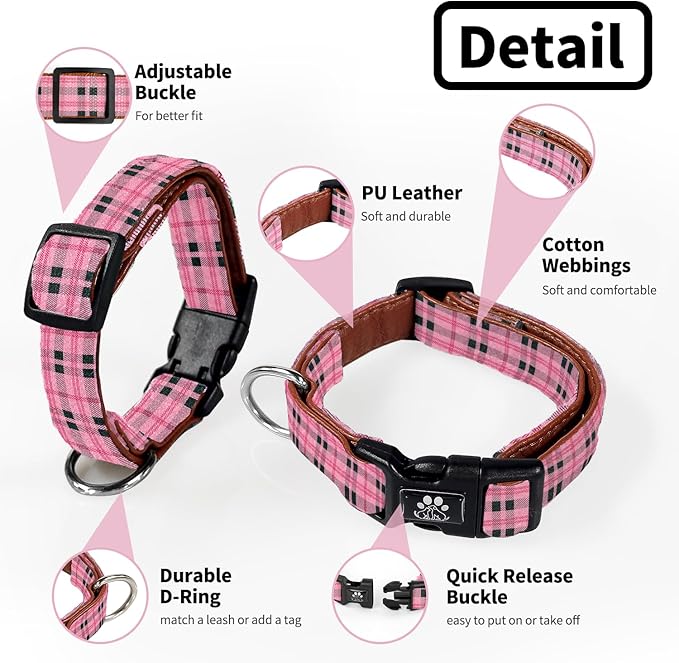 NESTROAD Dog Collar and Leash Set,Durable Leather Pet Collar with Quick Release Buckle,Adjustable Nylon Dog Collars for Small Medium Large Dogs(Small Collar + 5FT Leash,Cherecked Pink)