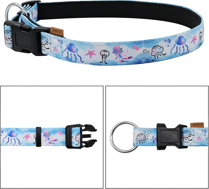 Dog Collar, Cute Jellyfish in Ocean Pattern, Neoprene Padded and Adjustable Collar with Quick Release Buckle, Reinforced Structure (L (Neck 18-28", Width 1"), Ocean Blue)