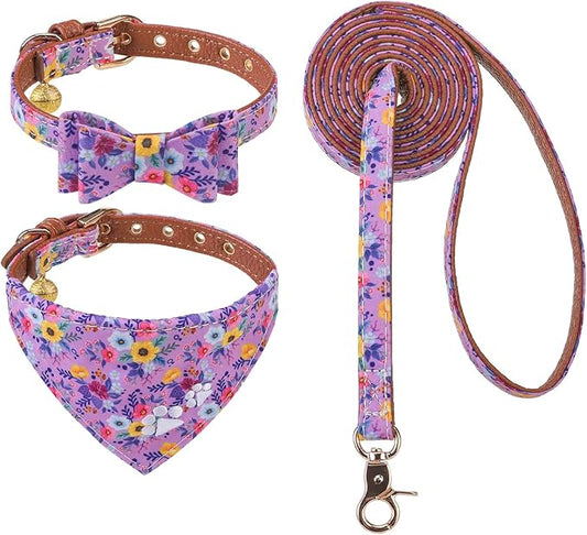 EXPAWLORER Puppy Collar and Leash Set - Embroidery Floral Dog Collar and Dog Leash Set, Cute Flower Bow Tie and Bandana Dog Collar with Bell, Collar and Leash for Dogs Cats Outdoor Walking, Purple S