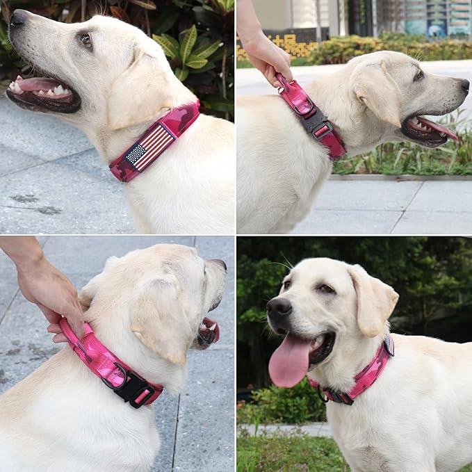 Hotsky Tactical Dog Collar, Adjustable Military Training Nylon Airtag Collar with Handle and Heavy Duty Metal Buckle for Medium Large Dogs, with Airtag Holder and Two Patches（Hotpink Camo,XL）
