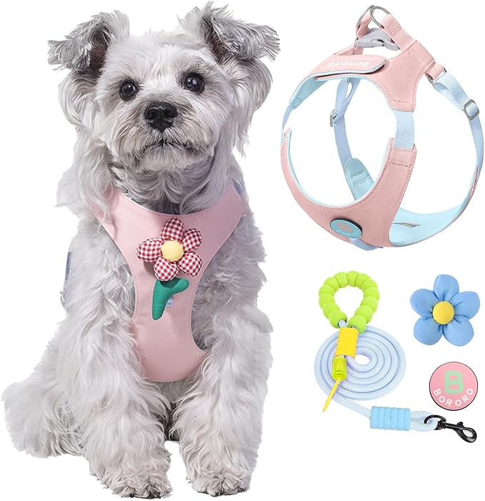 Cute Dog Harness and Leash Set with 2 Flower Patches, Step in Puppy Harness, No Chock Dog Vest for Small Medium Dogs Puppy and Cats (Pink, S)