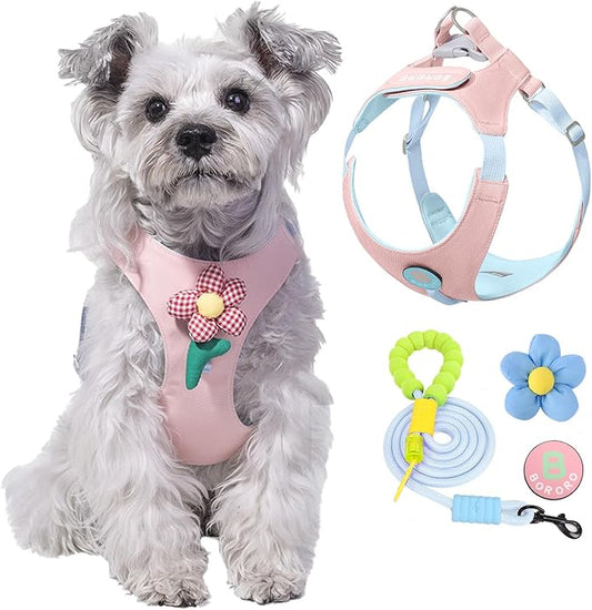 Cute Dog Harness and Leash Set with 2 Flower Patches, Step in Puppy Harness, No Chock Dog Vest for Small Medium Dogs Puppy and Cats (Pink, S)