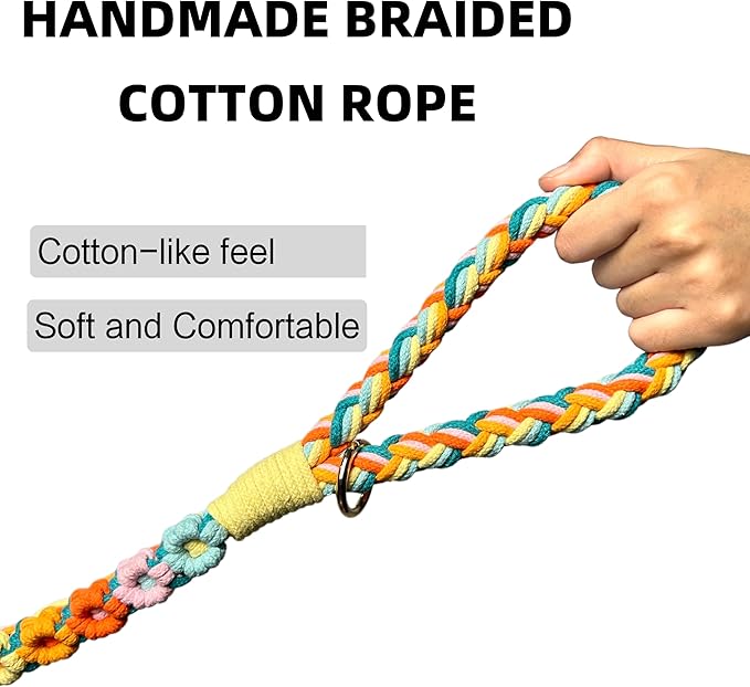 Handmade 5ft Braided Cotton Dog Leash with Unique Floral Handle, Durable and Stylish, Ideal for Small to Large Dogs,Rainbow Mix