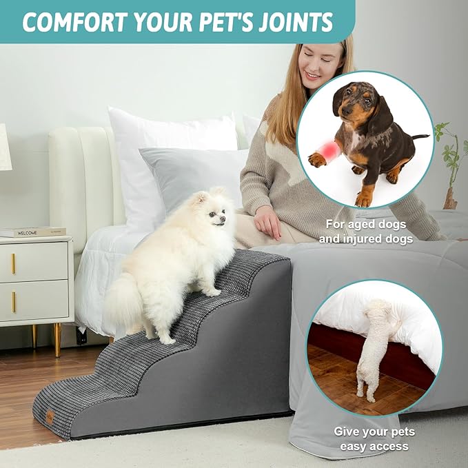 Dog Stairs for Small Dogs 19.7" H, Curved Dog Step for Puppy, Older or Cat, Medium Pet Ramp for Sofa, Couch or Bed, Ladder with High Density Foam, 15.7x28.3x19.7 inch, 4 Step, Dark Grey