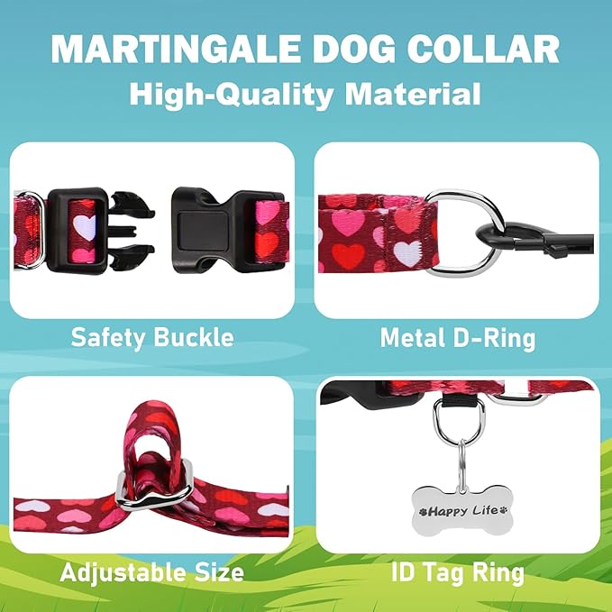 Valentines Pink Martingale Collar for Dogs with Buckle Adjustable Heart Dog Collars (Burgundy Love, Small)