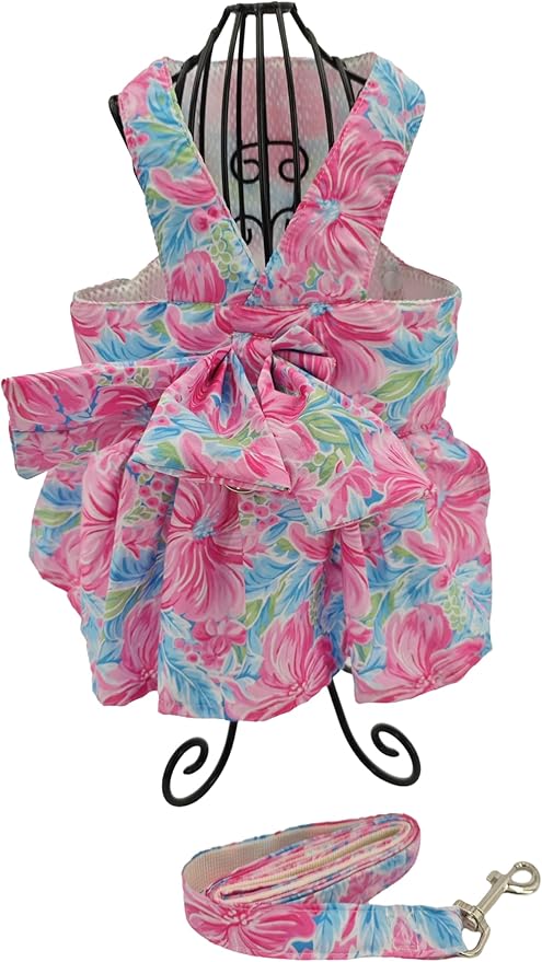 Dog Dress Bow Tie Harness Leash Set Harness Dress for Small Dogs Cute Dog Pet Girl Puppy Summer Clothes for Female Bunny Clothes Yorkie Chihuahua Training Walking (Large, PawtyTime)