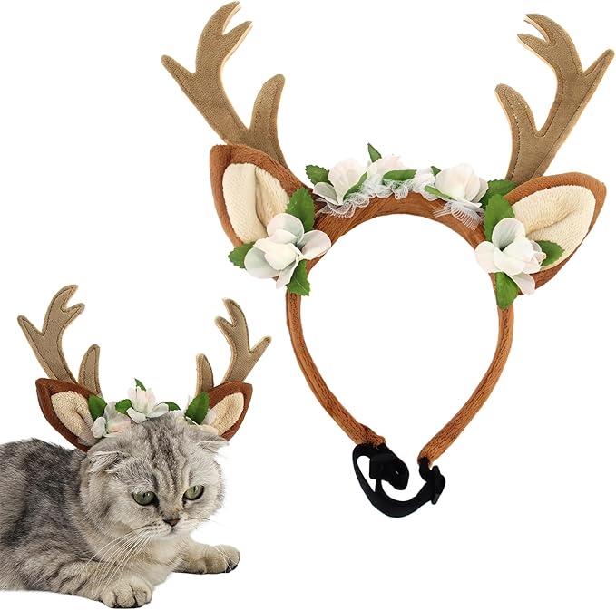 Dog Cat Christmas Reindeer Ears Antlers Headband Adjustable, Forest Flower Elk Hat Headwear Pet Deer Hair Cosplay Costumes Accessories for Halloween Merry Christmas (S(for Cats and Small Dogs))