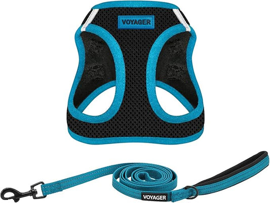 Voyager Step-in Air All Weather Mesh Harness and Reflective Dog 5 ft Leash Combo with Neoprene Handle, for Small, Medium and Large Breed Puppies by Best Pet Supplies - Blue, Medium