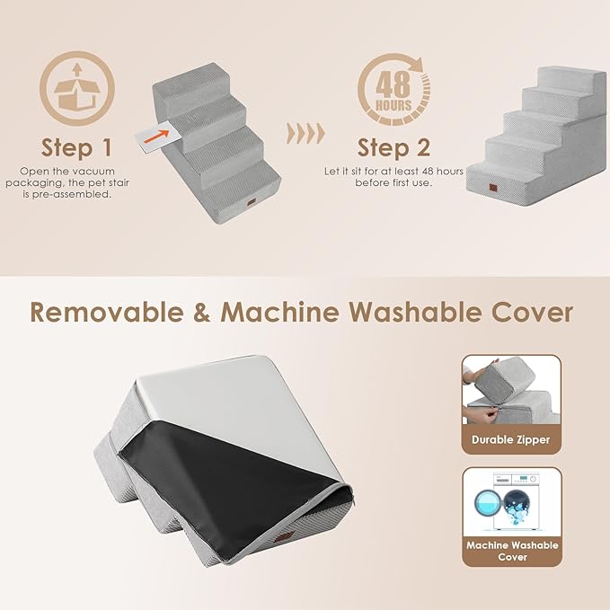 EHEYCIGA Dog Stairs for High Bed 22.5”H, 5-Step Dog Steps for Bed, Pet Steps for Small Dogs and Cats, Non-Slip Balanced Pet Ramp Indoor, Light Grey