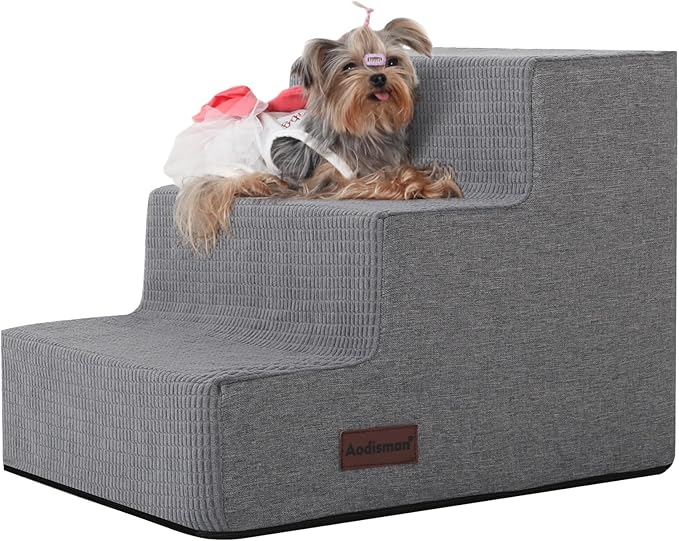 Dog Stairs for Small Dogs & Cats, 3-Step Non-Slip Pet Steps for Couch Sofa and Chair, Grey, 13.6" H