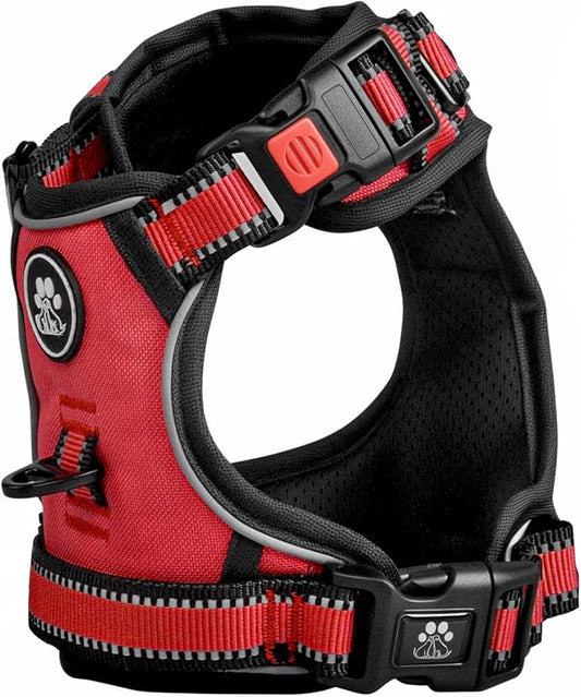FURRYFECTION Dog Harness | No Pull Dog Harness | Reflective Oxford | Padded Handle | 4 Adjustable Straps | 2 Leash Clips | No Choke Pet Vest Harness for Small Medium Large Dogs | Red | M