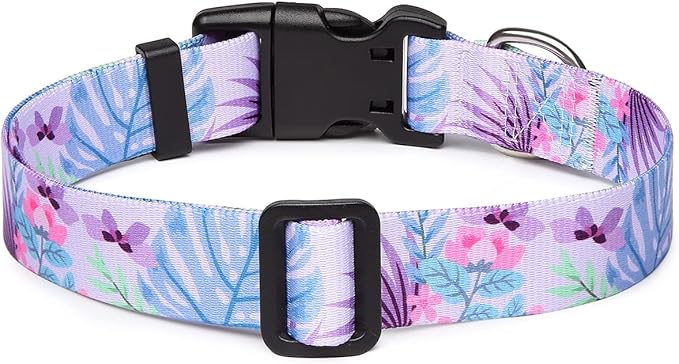 Adjustable Dog Collar with Patterns, Ultra Comfy Soft Nylon Breathable Pet Collar for Small Medium Large Dogs (L, Purple Flower)