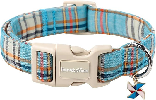 Lionet Paws Boy Dog Collar- Cute Blue Plaid Dog Collars with Plastic Buckle, Light Adjustable Dog Collars for Medium Dogs