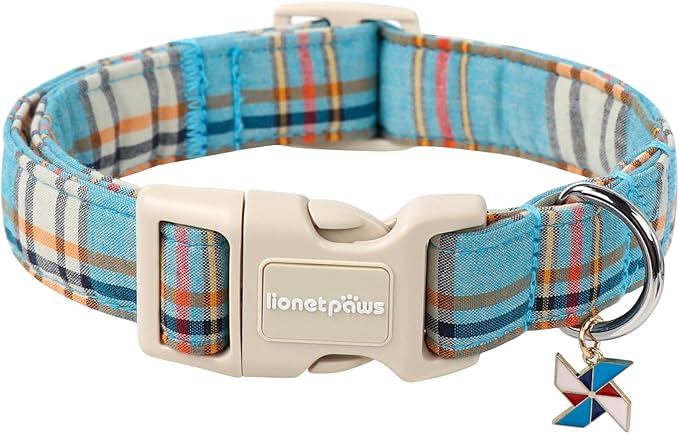 Lionet Paws Boy Dog Collar- Cute Blue Plaid Dog Collars with Plastic Buckle, Light Adjustable Dog Collars for Small Dogs