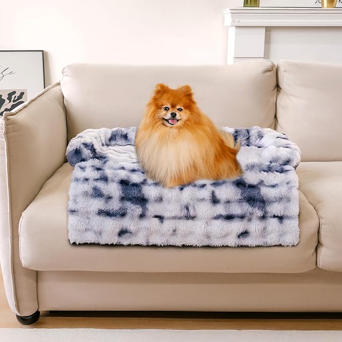 FUNNYFUZZY Calming Dog Bed Mat, Fluffy Fuzzy Couch Cover for Sofa, Furniture Protector with Removable Washable Cover for Large Medium Small Dogs and Cats (Tie-dye Blue,27.56 × 24.02 × 5.51 in)