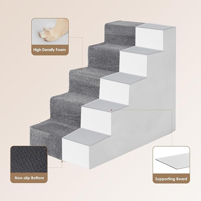 EHEYCIGA Dog Stairs for High Bed 22.5”H, 5-Step Dog Steps for Bed, Pet Steps for Small Dogs and Cats, Non-Slip Balanced Pet Ramp Indoor, Grey