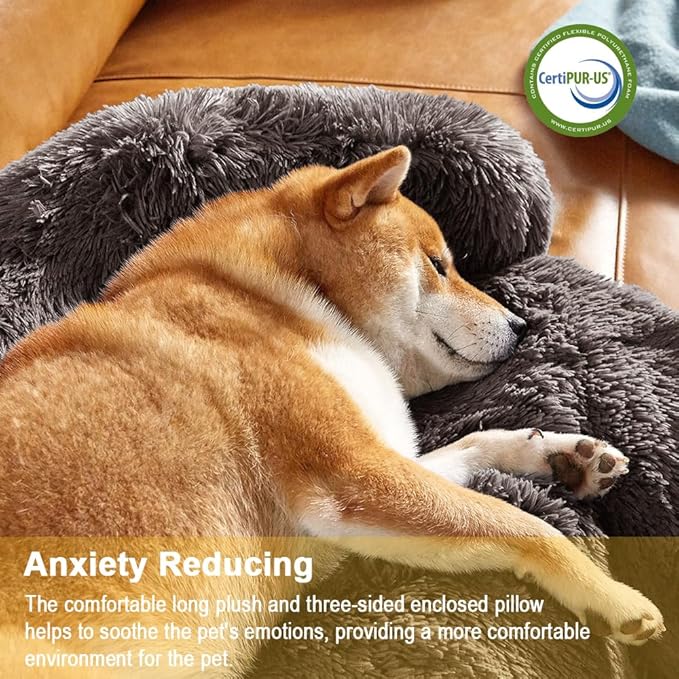 Codi Dog Bed for Couch - Calming Dogs Beds for Medium Pets, Fluffy Plush Cats Mat, Anti Anxiety Pet Mats with Removable Washable Cover Protector for Sofa, Ash Brown, 35x31x5 inches