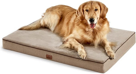 Bedsure Memory Foam Dog Crate Bed for Extra Large Dogs - XL Orthopedic Waterproof Pet Beds with Removable Washable Water-Resistant Cover and Nonskid Bottom - Plush Flannel Fleece Top Pet Mat, Khaki