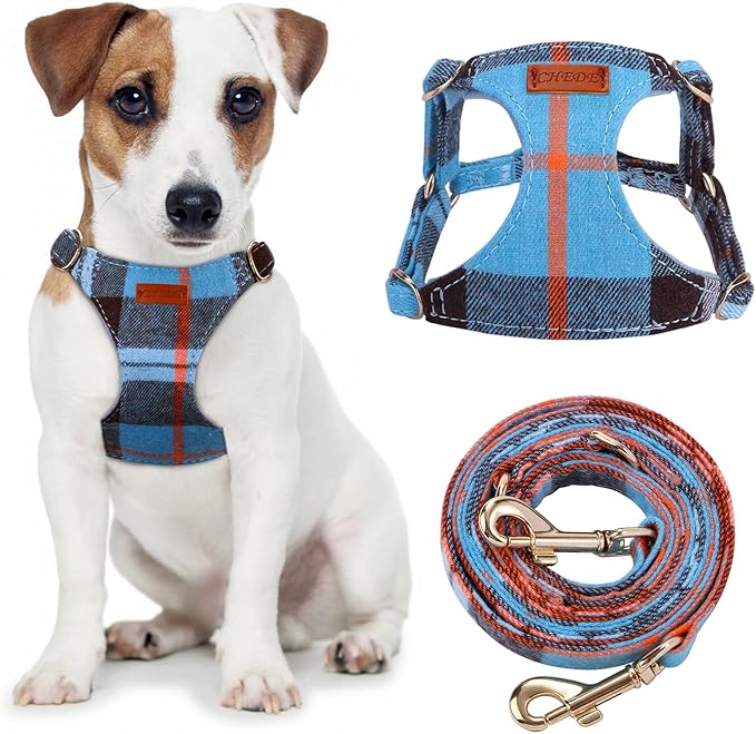 CHEDE No Pull Puppy Harness and Multifunction Dog Leash Set- 8 Colors Soft Adjustable No Choke Escape Proof Cute,Lightweight Pet Vest Harness for Small and Medium Dog (S, Blue Grid)