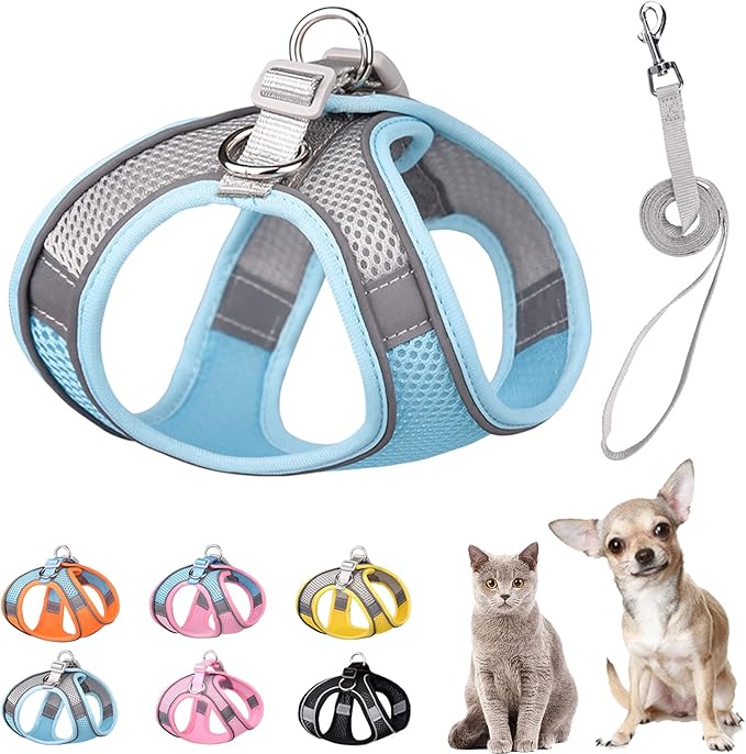 Soft Small Dog Harness and Leash Set Mesh Puppy Harnesses Leash Easy Walk Dog Harness Vest Adjustable Reflective No Pull Dog Harnesses for Small Dogs Cats (Blue Grey,L)