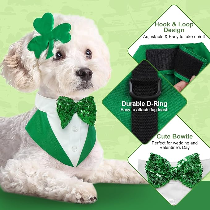 Kuoser St. Patrick's Day Tuxedo Suit and Bandana Set, Wedding Party Suit, Prince Bow Tie Shirt Formal Attire for Large and Medium Dogs, Golden Retriever Samo Bulldogs