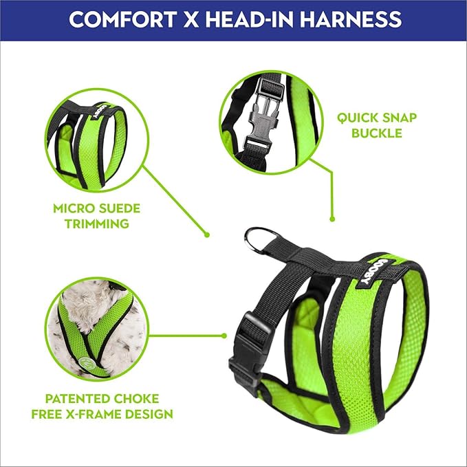 Gooby Comfort X Head In Harness - Green, Large - No Pull Small Dog Harness, Patented Choke-Free X Frame - Perfect on the Go Dog Harness for Medium Dogs No Pull or Small Dogs for Indoor and Outdoor Use