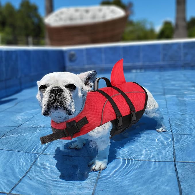 Queenmore Small Dog Life Jacket,Shark Dog Life Vest for Swimming,Puppy Light Life Preserver for Boating Kayaking Canoeing,Pet Reflective Lifesaver with High Buoyancy,Rescue Handle,Leash Hook (Red,L)