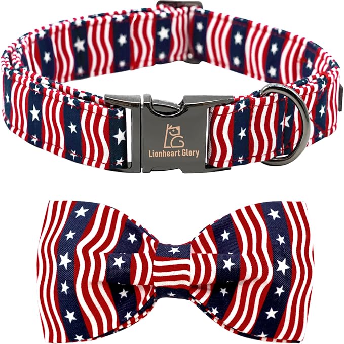 Lionheart glory American Flag Dog Collar, 4 of July Dog Bow Collar Heavy Duty Adjustable Patriotic Dog Collar with Bowtie for Small Dogs Pet Gift