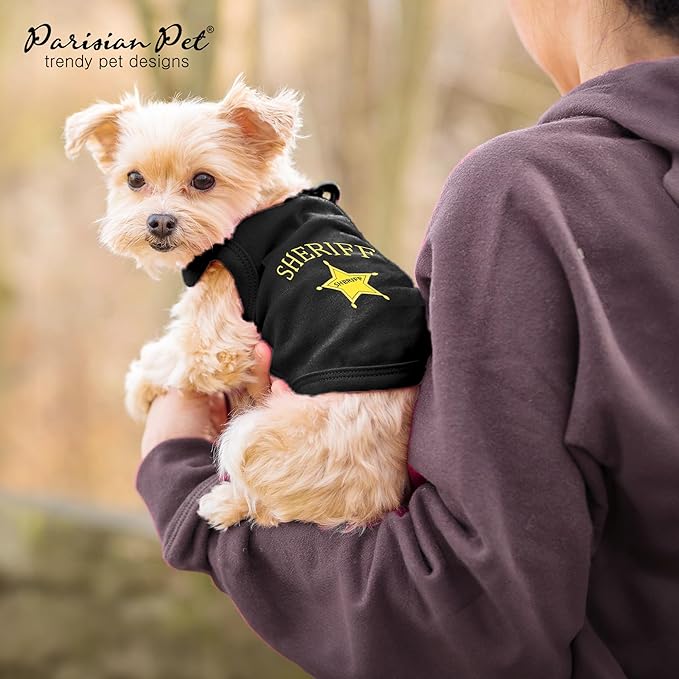 Parisian Pet Dog Tshirt - Embroidered “ Sheriff “ Dogs Apparel - Lightweight and Skin Friendly Dog Clothes - Sleeveless Doggy Tee Shirts - Machine Washable Shirt for Large Dogs - L