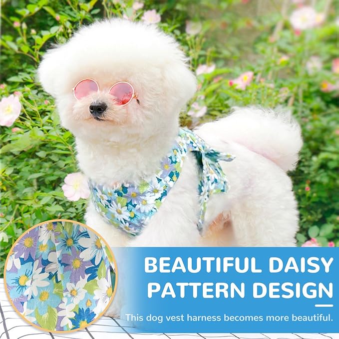 BAEJMJK Dog Harness and Leash Set with Bow Knot No Pull Pet Daisy Floral Harness with D-Ring Soft Mesh Dog Harness Vest Set Escape Proof Princess Puppy Harness for Small Girl Dogs Cats（Blue A XS）