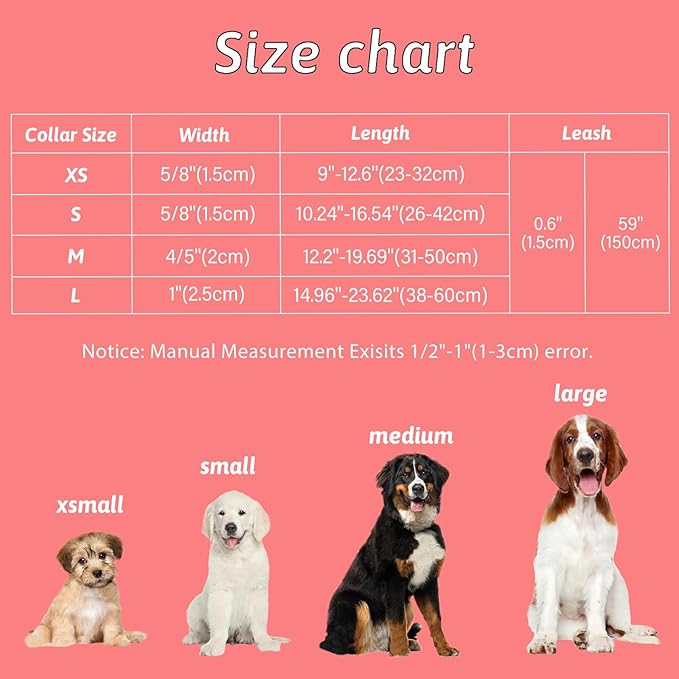 Dog Collar and Leash Set Girls Adjustable Puppy Collars with Floral Bow Tie for Small Medium Large Female Dogs, Pink Flower, L