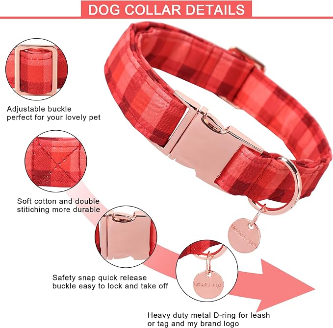 Christmas Dog Collar, Christmas Collar for Puppy Girl Boy Dog or Cat, Red Plaid Dog Collar with Durable Metal Buckle, Cute Pet Collar, XL