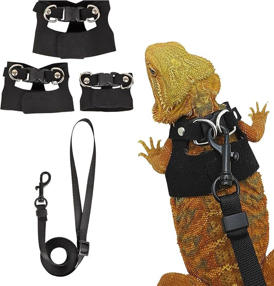ADOGGYGO Bearded Dragon Harness Leash Set- 3 Size Pack Lizard Harness, Lizard Reptile Walking Leash for Bearded Dragon Reptiles (Black)