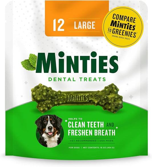 Minties Dental Chews for Dogs, 12 Count, Vet-Recommended Mint-Flavored Treats for Large Dogs Over 50 lbs, Dental Bones Clean Teeth, Fight Bad Breath, and Removes Plaque and Tartar